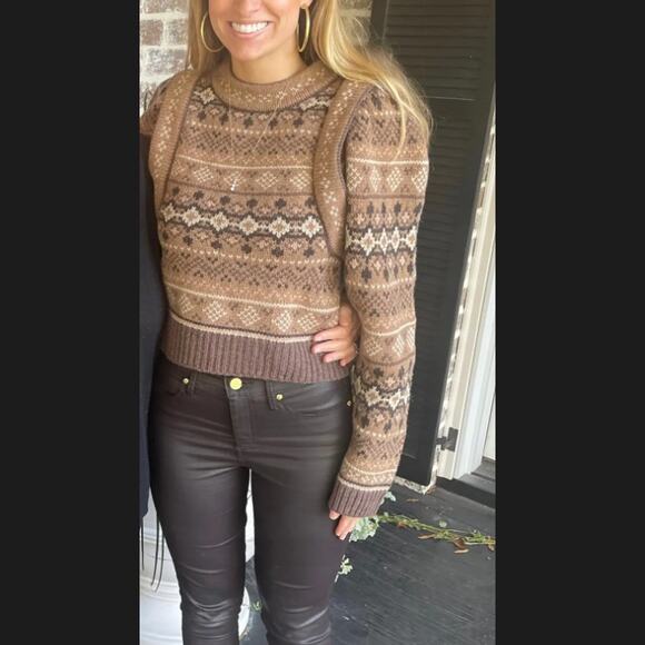 SEA New York Brown Fair Isle Sweater MEDIUM Wool Cottage Puff Sleeves Retro $400 - Picture 6 of 10